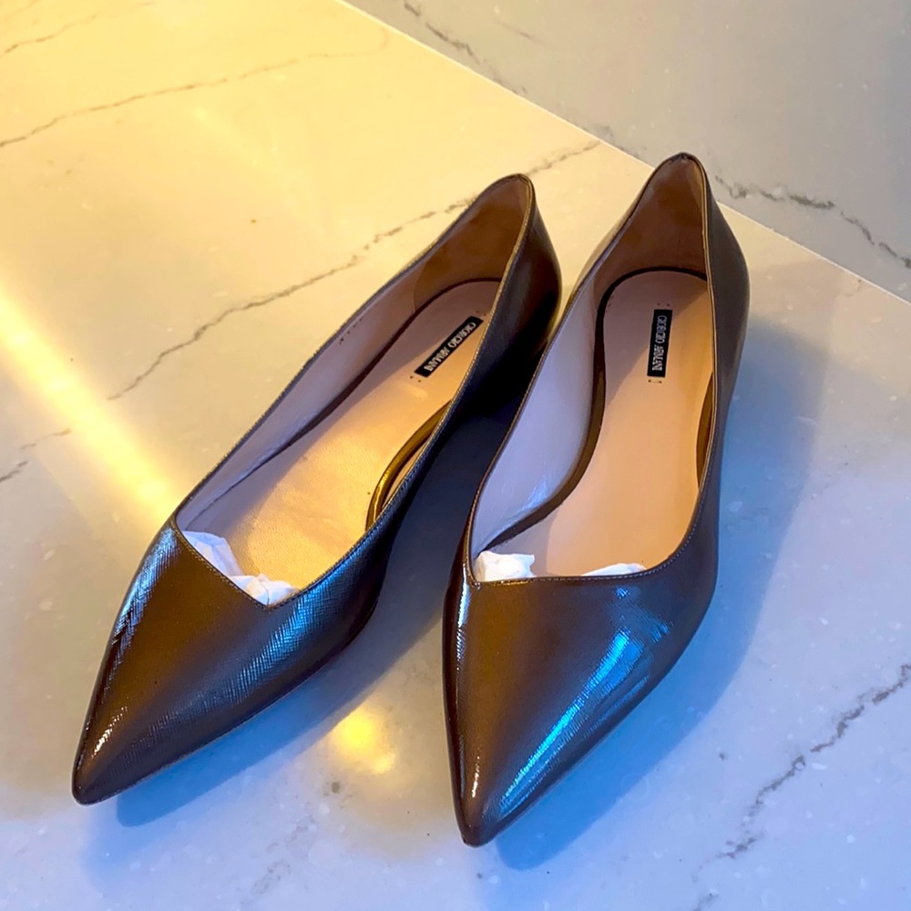 Giorgio Armani flats, in a beautiful golden taupe with a glassy patent finish.